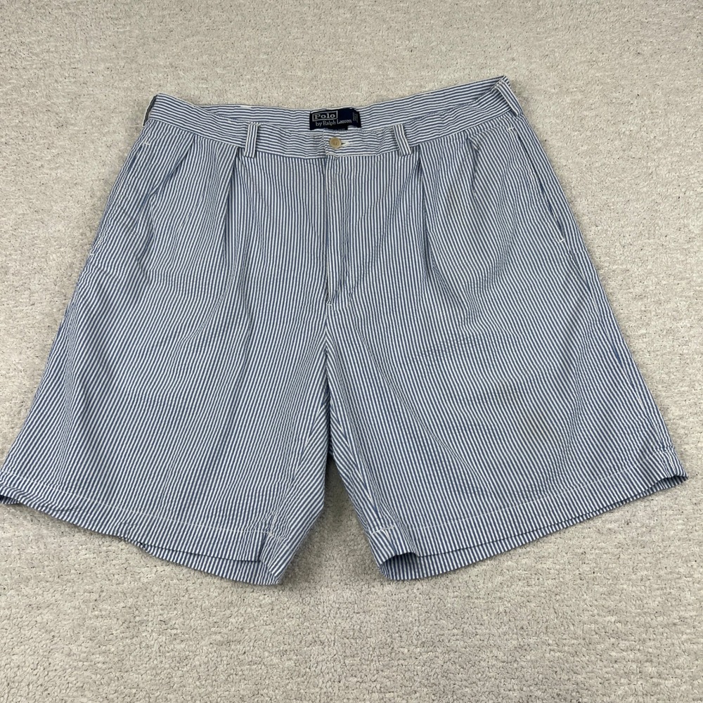 Polo Ralph‎ Lauren 38 Tyler Short Blue White Seersucker Pleated Cotton Striped